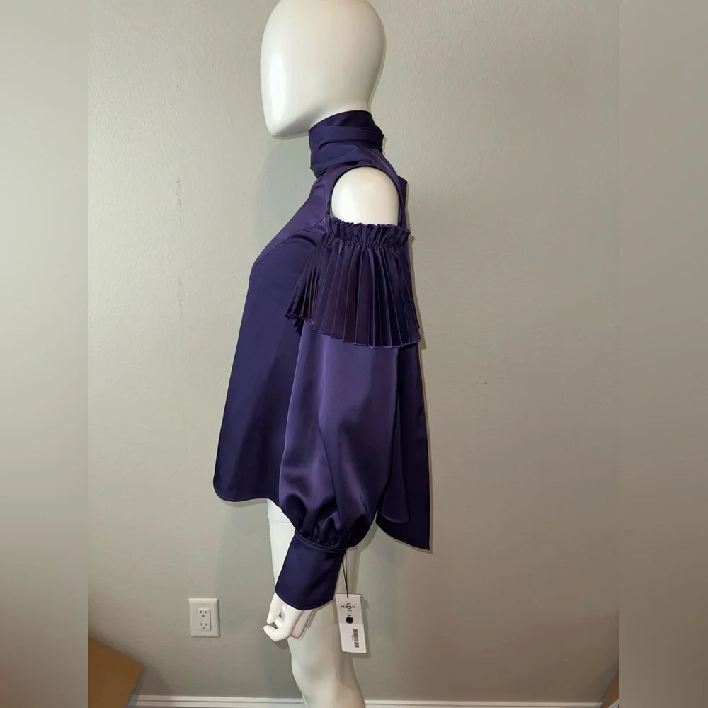 ADEAM Japan Intermix “Ashlee” purple cold shoulder pleated blouse top w ties XS - Picture 9 of 14